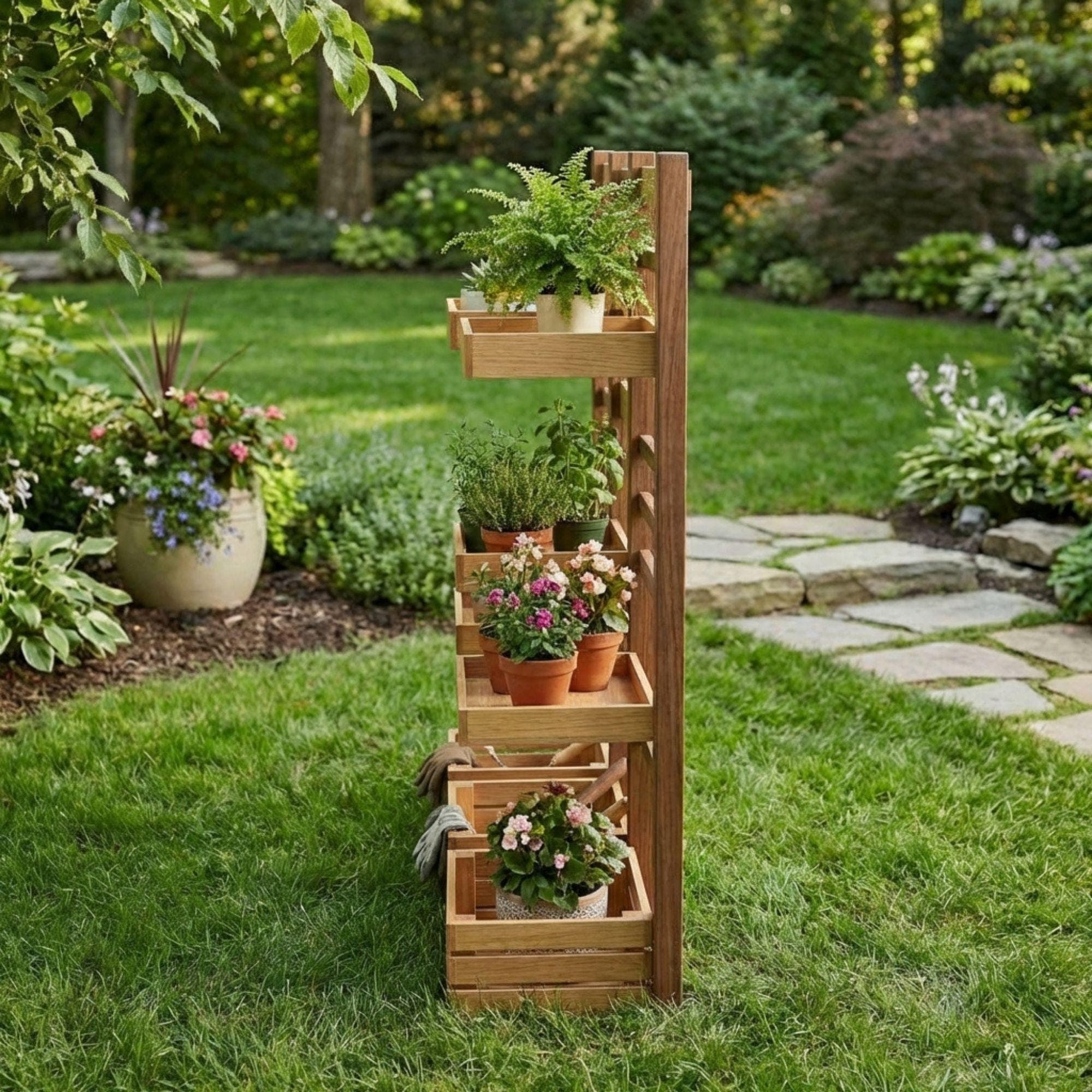 DIY Plant Stand Plans | Multi Tier Flower Pot Stand Blueprint |Outdoor Wooden Shelves PDF - view 3