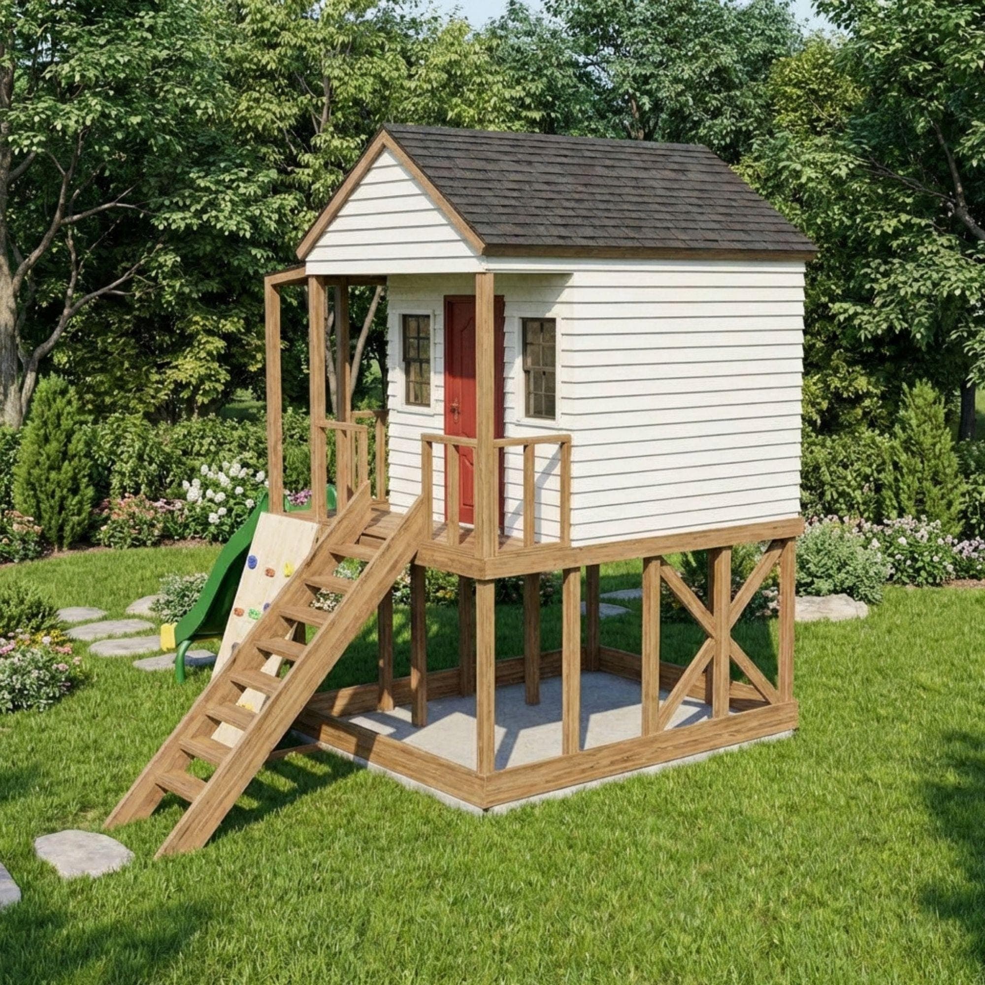 DIY Kids Playhouse Plans | Outdoor Lofted Playhouse PDF | 2 Story Wooden Clubhouse Build | Treehouse Blueprint | Playground Fort Plans - view 5
