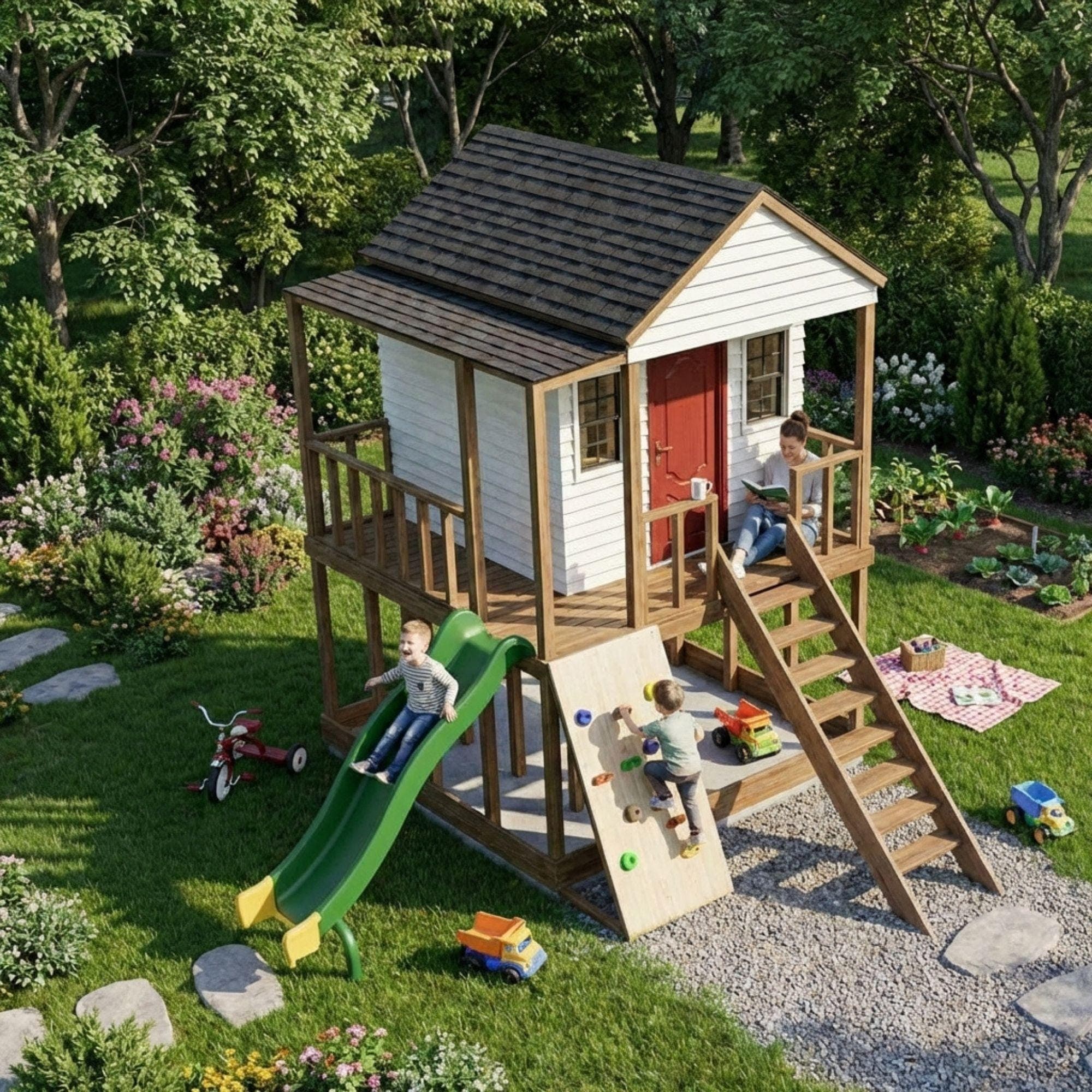 DIY Kids Playhouse Plans | Outdoor Lofted Playhouse PDF | 2 Story Wooden Clubhouse Build | Treehouse Blueprint | Playground Fort Plans - view 3
