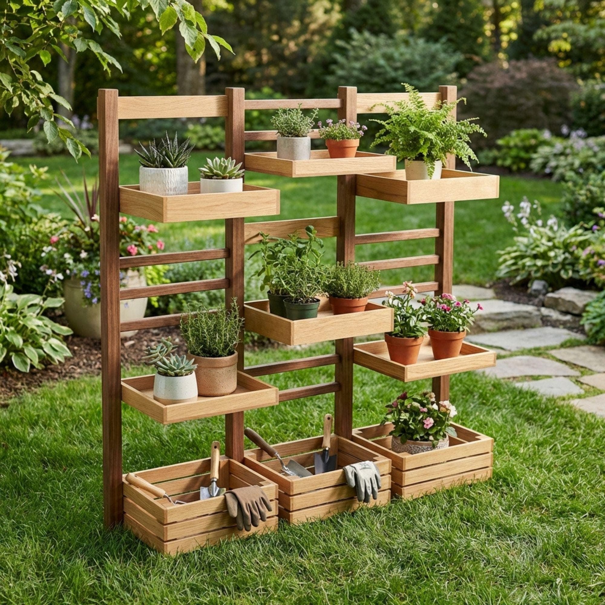 DIY Plant Stand Plans | Multi Tier Flower Pot Stand Blueprint |Outdoor Wooden Shelves PDF - view 7