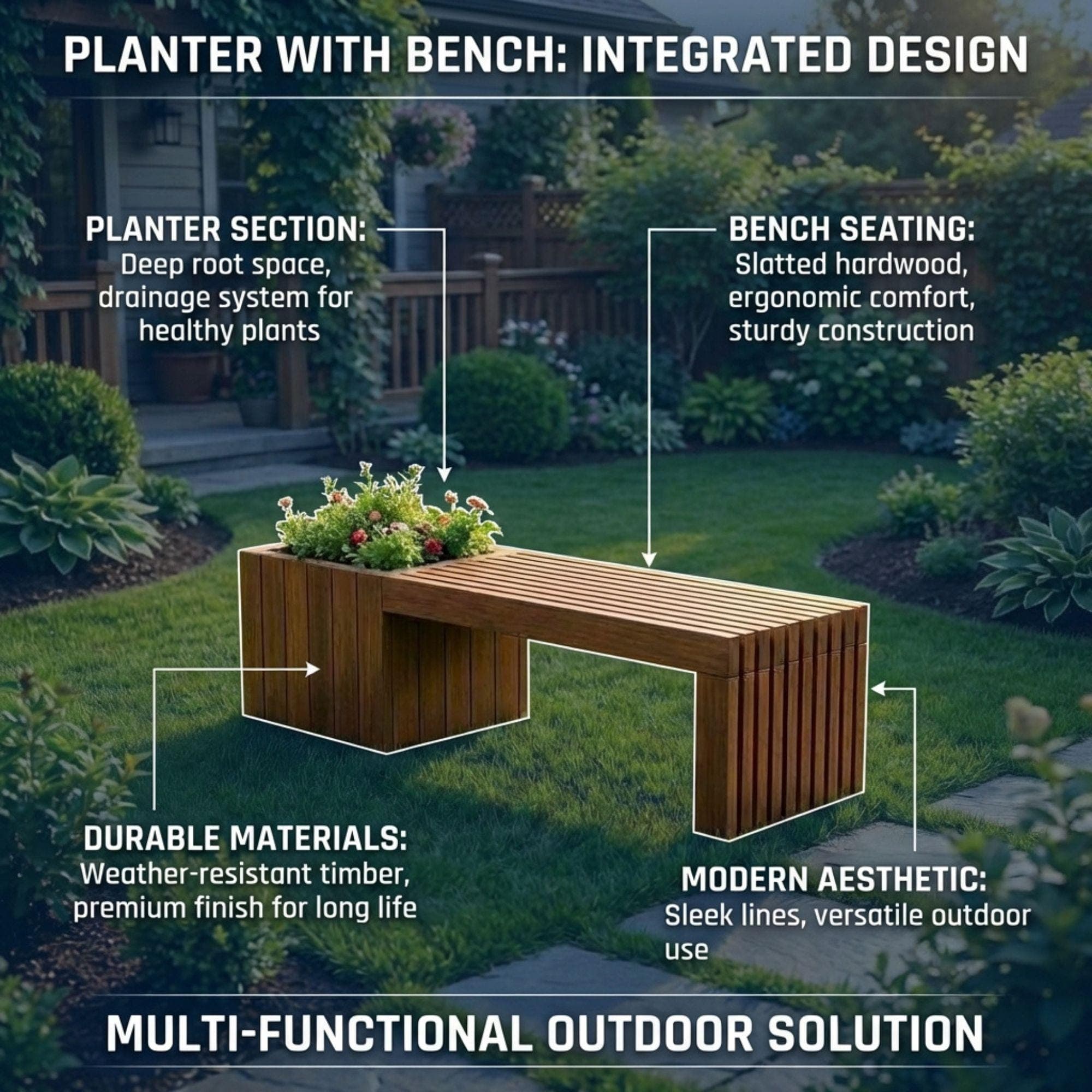 Modern Slatted Planter Bench Plans | Outdoor Seating Blueprint (PDF Download) - view 3